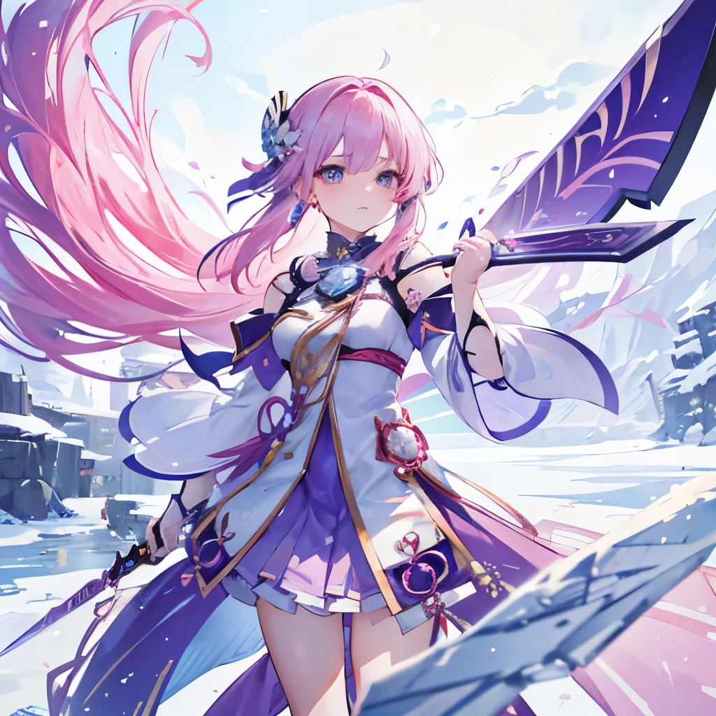 Extreme details, flawless, aerial view, like a work of art, anime girl holding ice and snow sword, pink hair and purple long skirt complement each other, gazing at the distant Ayaka Genshin, leading us into the world of Genshin.