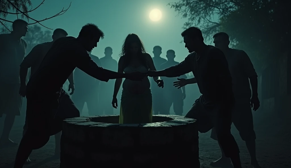 Group of men push pregnent women into the well, 1000 years before, Indian village,night time,sad mood