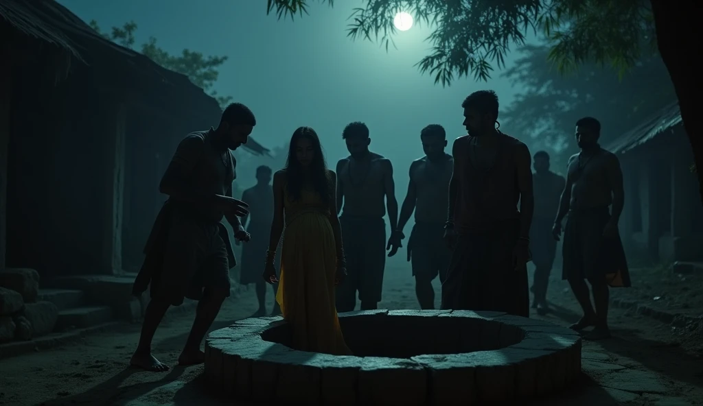 Group of men push pregnent women into the well, 1000 years before, Indian village,night time,sad mood