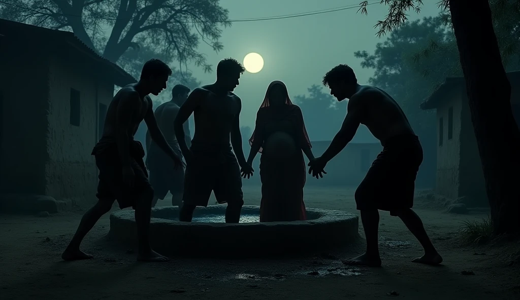 Group of men push pregnent women into the well, 1000 years before, Indian village,night time,sad mood