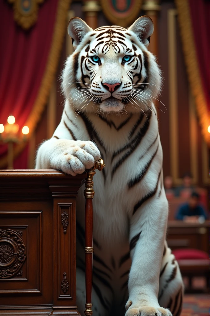 A white tiger with a cane on a court