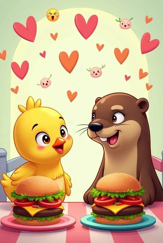 A chick and an otter eating hamburgers at a table, drawn as emoji