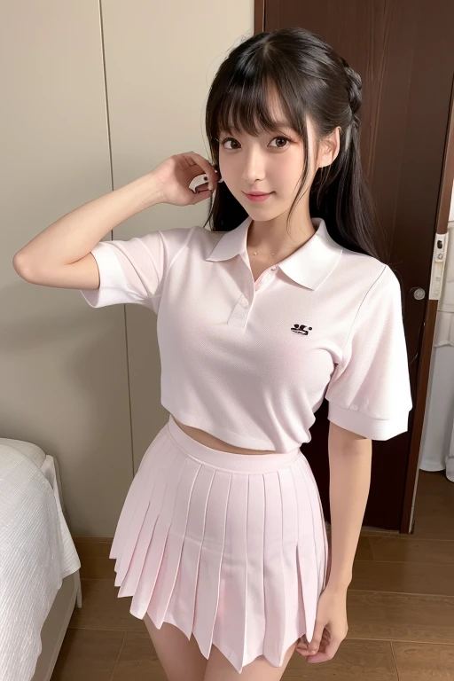 (absurdres:1.3), (highres:1.3), (ultra detailed:1.3),(1girl:1.3), (extremely detailed CG unity 8k wallpaper:1.3), (detailed skin texture, detailed cloth texture, detailed hair texture), (beautiful detailed face, supermodel, pale skin, realistic glistening skin), (RAW photo, best quality), (realistic, photo-realistic:1.4), masterpiece, extremely delicate and beautiful,Amazing, finely detail, extremely detailed CG unity 8k wallpaper, huge filesize, ultra-detailed, highres, absurdres, soft light,rim light, vibrant details, hotel room, straight hair, large breasts, black hair color, Big Natural Color Lip, (perfect body shape), beautiful legs, BREAK (white theme:1.4), (tucked-out short sleeve white polo shirt:1.4), (pink lines on tops outline:1.3), (pure white pleated mini skirt:1.3), (hem of top covers top half of skirt:1.3), (pink fluffy scrunchie on wrist:1.3), (white and pink sports shoes:1.2), crying a little、little smile, Harajuku style、20 year old girl、cute type、lolita、standing