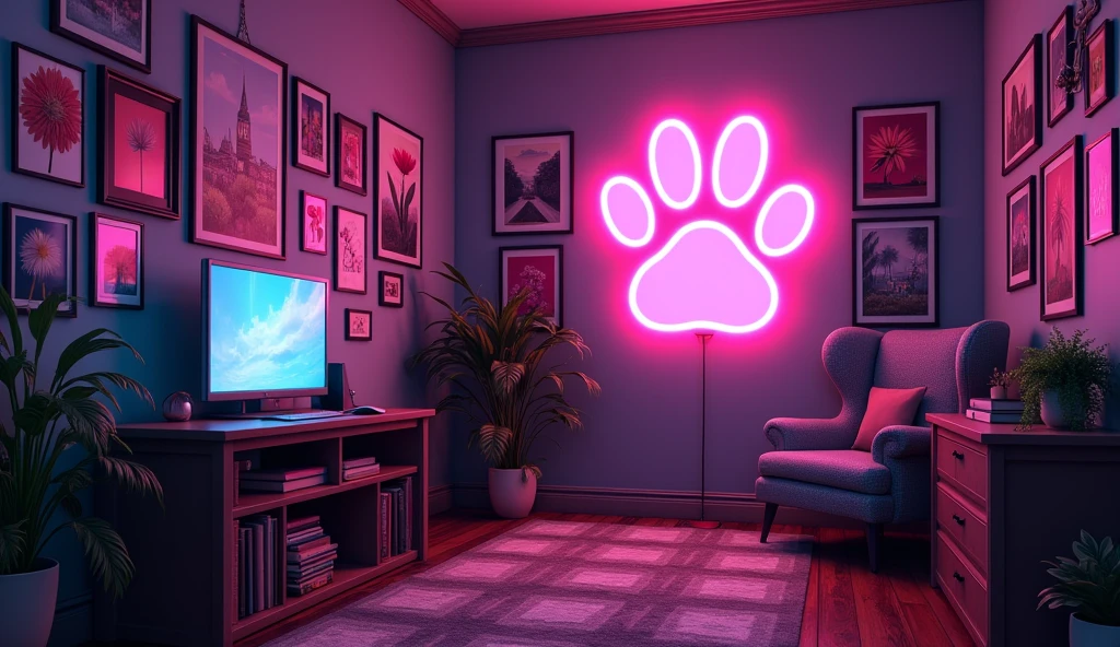 Anime Style、A room decorated with many paintings、cyber-、A neon sign in the shape of a large paw print,component