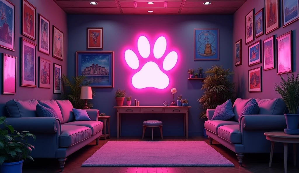 Anime Style、A room decorated with many paintings、cyber-、A neon sign in the shape of a large paw print,component