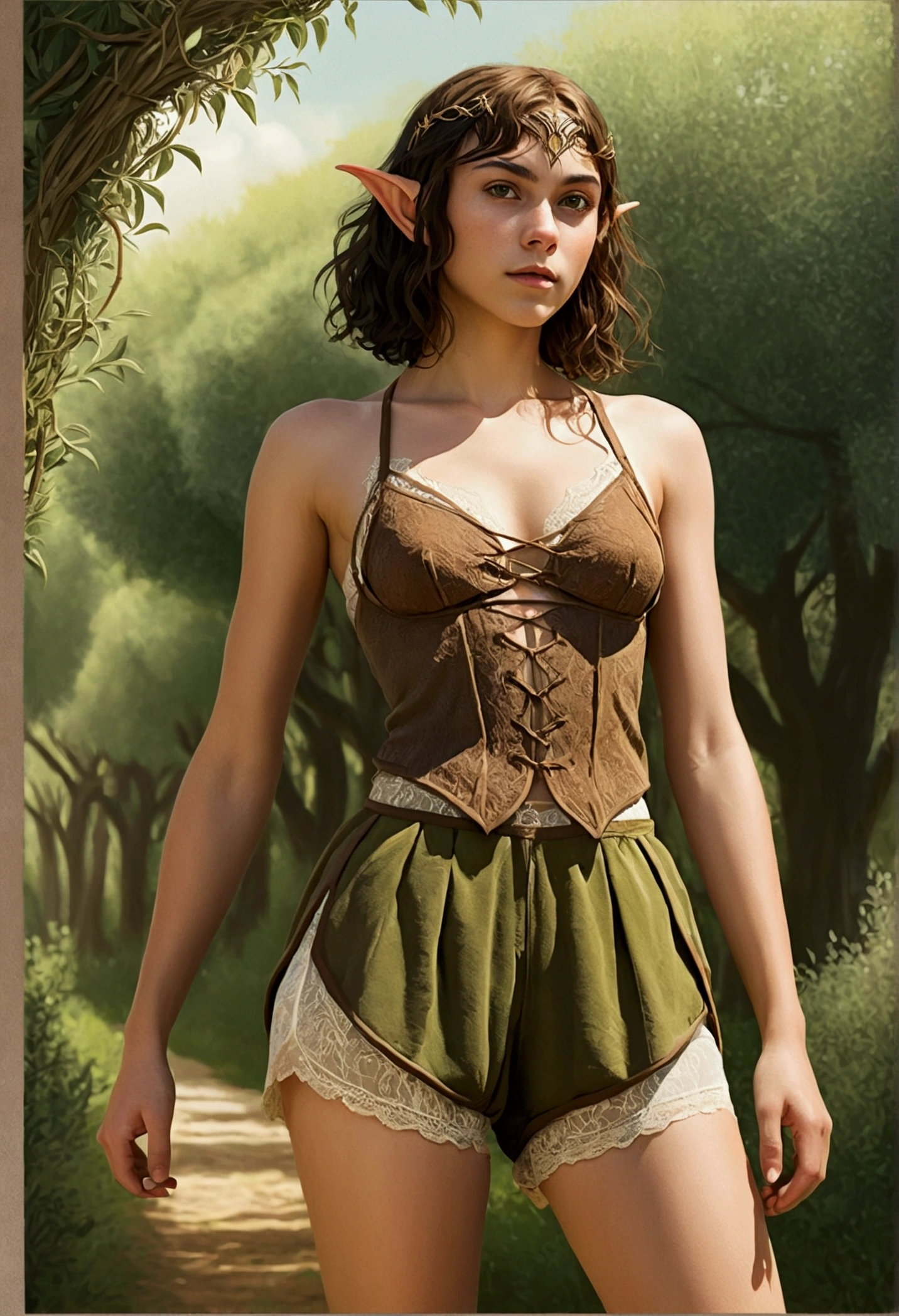 An illustrated movie poster, hand-drawn, full color, a age elven girl, wearing a lace bralette and bloomer shorts, tall, toned, athletic hourglass figure, long pointy elf ears, light hazel eyes, dark hair, short curly bob, deep sun-tanned skintone, freckles, standing in a sunny olive groves, wet clothes, graphite shading, stencil marks, airbrushed acrylic paint, masterpiece, in the style of the Lord of the Rings
