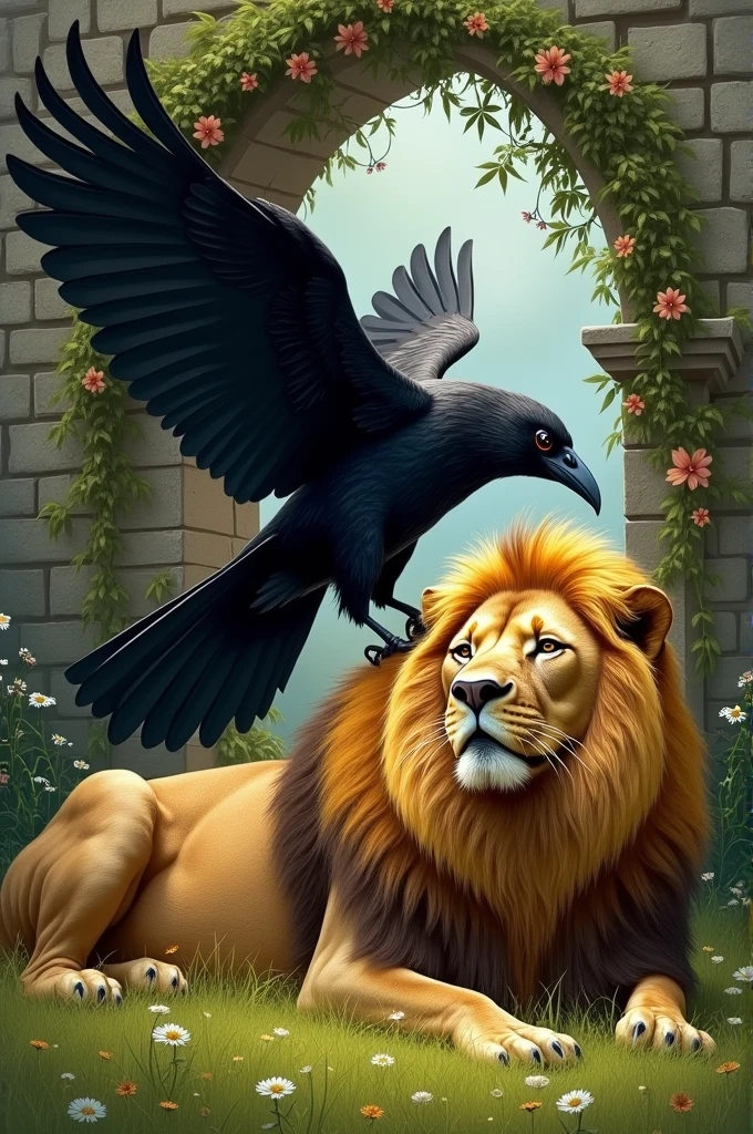 Crow protecting a lion's head with its wing
