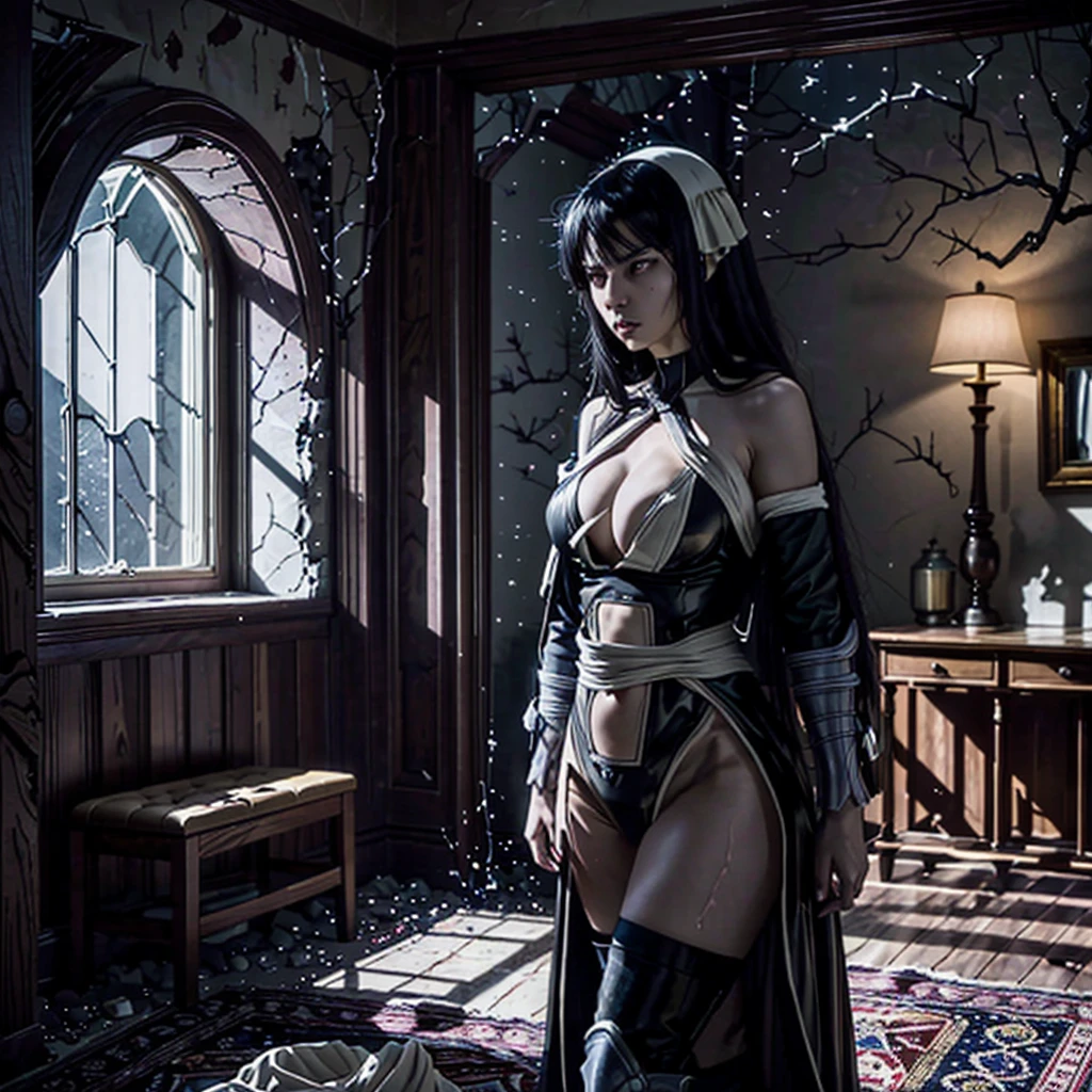 A powerful female warrior, the "Mother of Shadows", stands alone in a dimly lit room of an abandoned desert house. Moonlight filters through a cracked window, casting a silver glow on her imposing silhouette. Clad in dark leather armor, her generous curves are accentuated, but tension builds within her. The intense heat she feels from her belly to her chest, heavy with a surge of milk, becomes almost unbearable. Under this pressure, her bodice gives way, unleashing an inner force. Though her body betrays signs of transformation, Kristina keeps her gaze fixed, determined to remain in control of her emotions. The shadows in the room seem to move around her, drawn to her powerful and mysterious presence, but she remains a figure of dominance, ready to face what lies ahead.