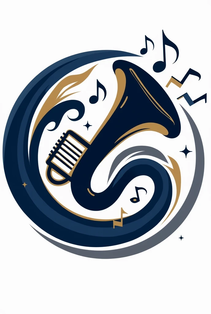 Create a logo for a marching band in indigo colors, gray,white and gold