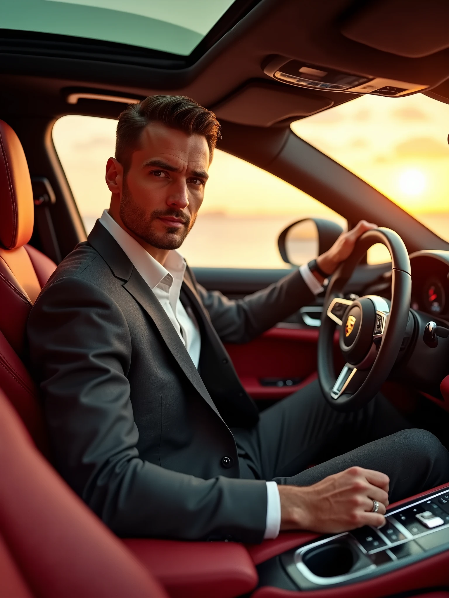 /image type=photography realistic | /person=((1homem, 36 to 39 years old)), | "solo", , ((muscular body)), ((short brown hair:0.6)), ((slickedback hair)), ((eyes browns:0.6)), (fully body), (tools), (detalhes realista), (photo realist), (perfect body structure), (pele banhada pelo sol), (face perfect), (high-detailed face), (calm expression), (slightly-smile), (white teeth:1.3), (gazing at viewer), (((pose diagonal))), Front view | He is wearing a slim-fit bespoke suit in shades of dark gray, with a white shirt and black silk tie. His style is elegant and contemporary, reflecting confidence and sophistication | He is sitting in the driver's seat of a "Porsche Panamera Turbo S E-Hybrid", with one hand on the leather-wrapped steering wheel and the other adjusting the controls on the dashboard. Seu rosto mostra um slightly-smile, with a focused expression while driving, highlighting his imposing profile against the ambient lighting. | /Scenary=Paradise beach at sunset | /camera angle=Angle of 3/4, showing the character at the wheel with a partial view of the dashboard and the panoramic sunroof. | /Camera lens=Use a 24mm wide-angle lens to capture the grandeur of the car and the scenery around it. aperture f/2.0 to create a soft bokeh effect, where the car and the character are the main focus, while the background dissolves into an artistic blur. Autofocus adjusted to center on the character and the details of the car, such as the red stitching on the seats or the carbon fiber finishes. Medium field depth, allowing a clear distinction between the car/Character and setting, but maintaining a smooth visual connection between all elements. | /render quality=alta  Diffusion 2.1"  Portrait"  Luxury Car"  Outdoor Scene"  Outdoor Scene"