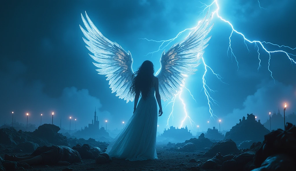 a moment of silence before the storm, where the angel prepares to act. the battlefield is shown in a dark blue tone, reflecting the tension in the air.