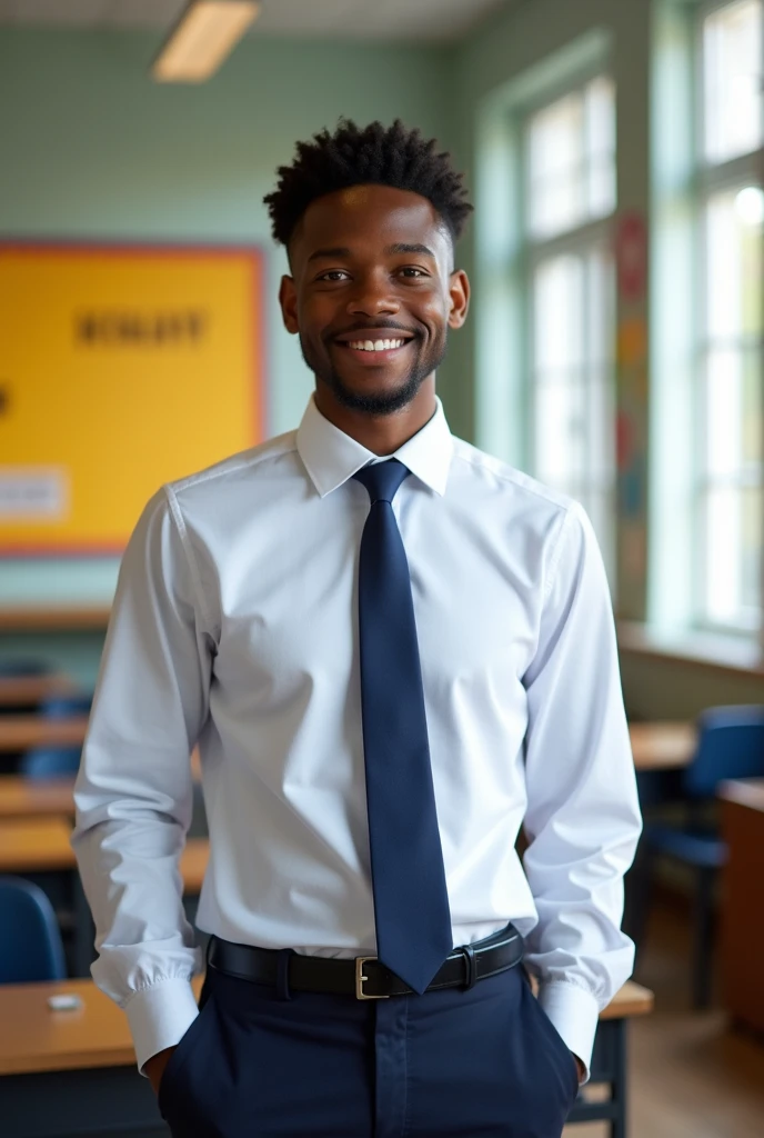 1 African American student wearing only a white shirt and a navy blue tie