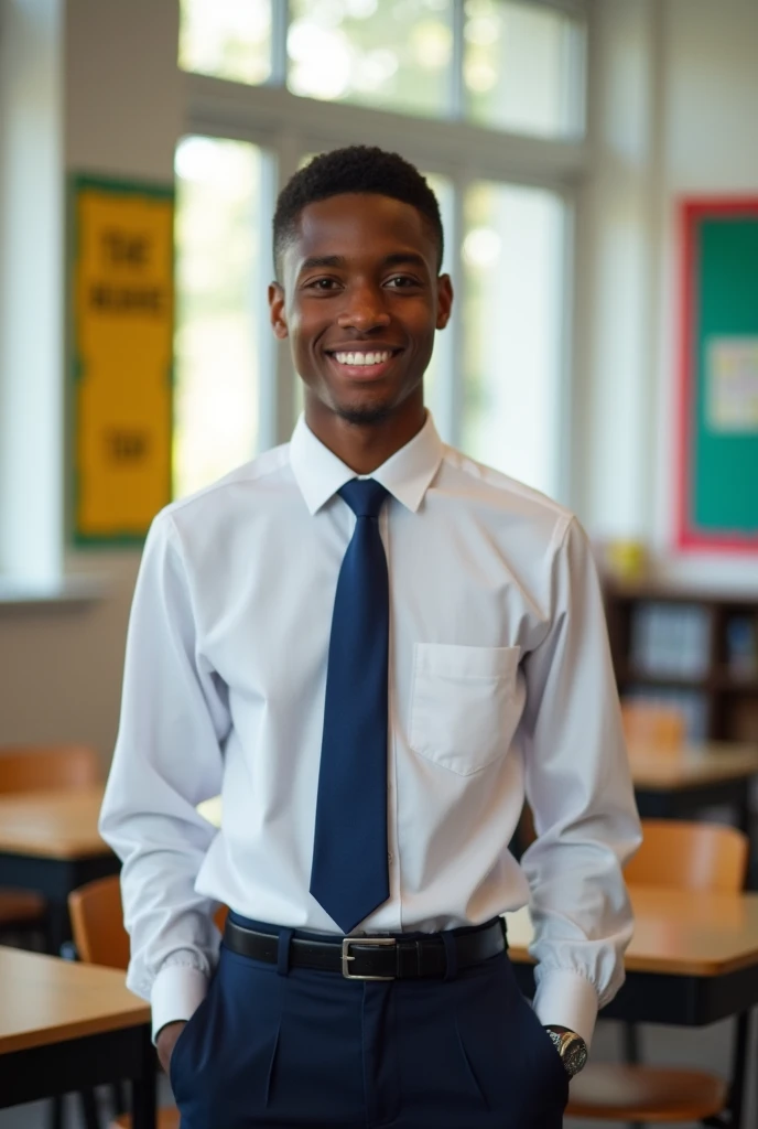 1 African American student wearing only a white shirt and a navy blue tie