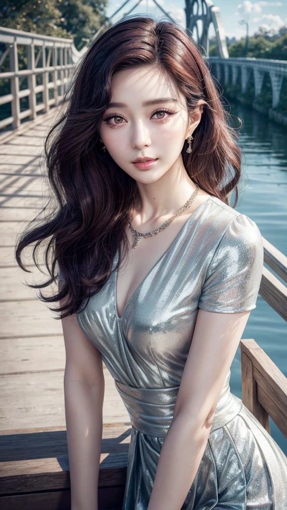 1 woman,(masterpiece: 1.3), (maximum resolution: 1.2), (Ultra HDTV: 1.2), cinema light, Ultra HDTV, (detailed eyes과 피부), (detailed facial features), HDR, 8K resolution, sharp focus: 1.2, perfect style, beautiful face, accurate, anatomically correct, very detailed beauty face and skin texture, detailed eyes, brown eyes, double eyelid, thin eyebrows, glitter eyeliner: 1.2, natural cheeks, shiny skin, fair skin: 1.2, Small sparkly necklaces and earrings, (shiny lips: 1.4), natural light, masterpiece, very detailed, illustration, game CG, absurd, high quality, medium chest, red hair, Lightly curly hair, freckles, shiny lips, looking at viewer, lips parted, classroom, white blouse, split, Short black pleated mini skirt, , seat, (Crossing the bridge:1.5)
