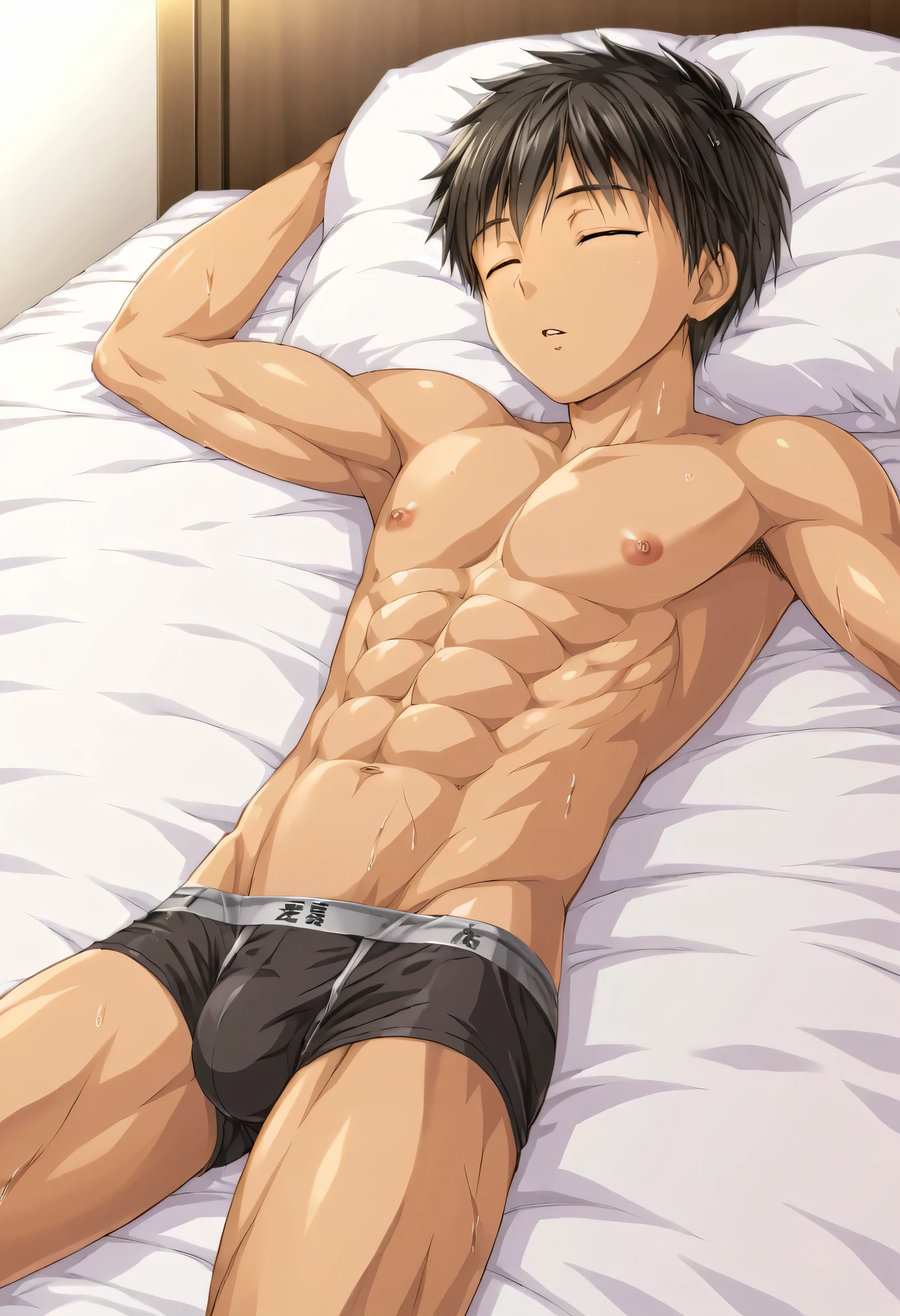 high quality, (solo japanese boy sleeping on the bed:1.5), (detailed eyes), (black short hair), naked, (dark wet skin), (detailed puffy nipples:1.2), black briefs, abs,