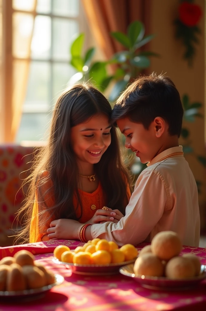 18 year old beautiful Sister smiles while tying Rakhi on her brother's wrist generate a beautiful image