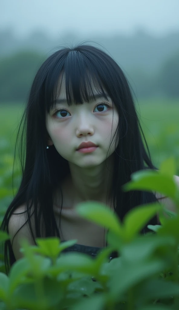 close-up, [face]、garden、Cloudy、Depressed girl、Looking up at the sky、Black Hair、Japanese、Long Hair