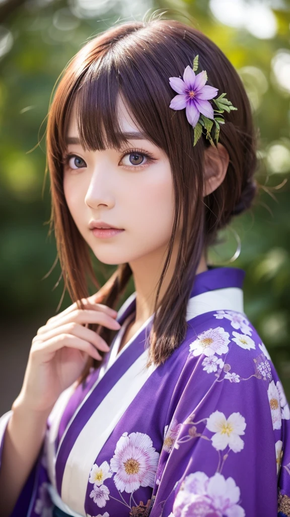 Spiritual 1 person, 1 Look in the eye, Bronze Hair、Shortcuts, kimono、Facing forward、Purple eyes, Hair Flower, Sparkle Effect,