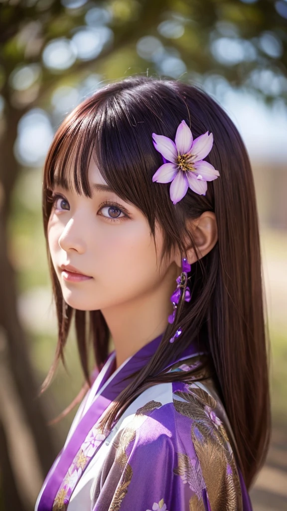 Spiritual 1 person, 1 Look in the eye, Bronze Hair、Shortcuts, kimono、Facing forward、Purple eyes, Hair Flower, Sparkle Effect,