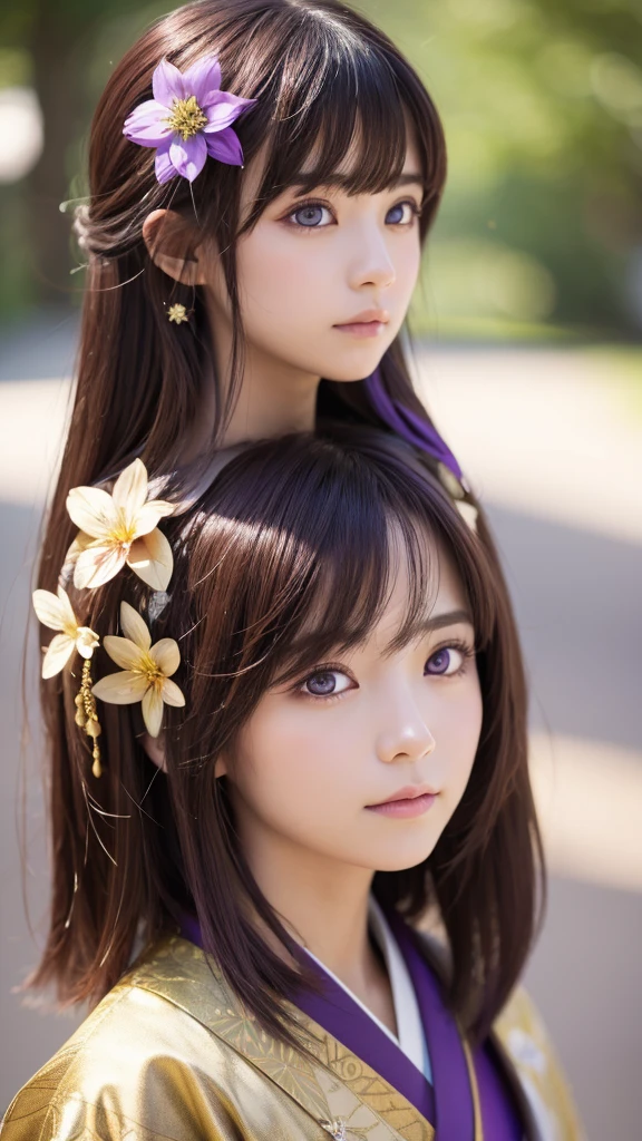 Spiritual 1 person, 1 Look in the eye, Bronze Hair、Shortcuts, kimono、Facing forward、Purple eyes, Hair Flower, Sparkle Effect,