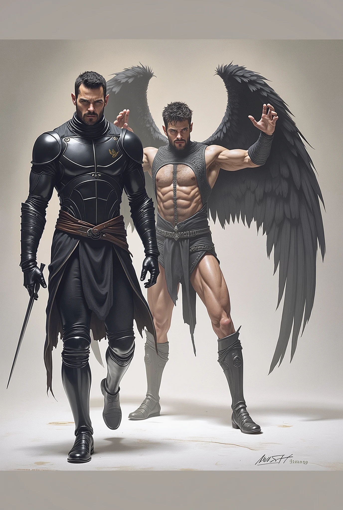 a muscular man in black armor with bandages, facing the viewer, with manly features, scars and wounds, smooth skin, sharp focus, illustration, guts (berserk), dark angel wings, cinematic lighting, dramatic pose, hyper detailed, oil painting, photorealistic, chiaroscuro, muted colors, moody atmosphere