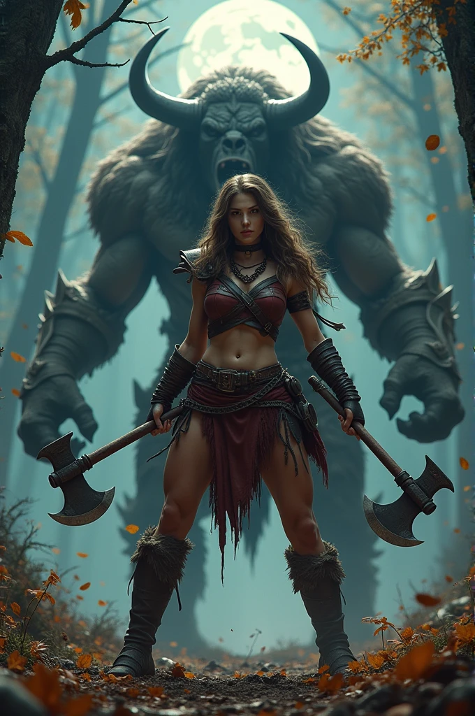 Strong woman wearing leather armor holding two RPG-style axes turning a furious minotaur 