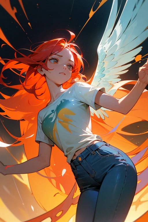 Create a highly detailed and symbolic image that captures a scene of transformation and connection between two characters.

Icarus: She is a young woman with short, sky-blue hair. She is at the center of the scene, with an expression of concentration and vulnerability. She wears modern teenage clothes, which may include a simple t-shirt and jeans, in soft colors that highlight her youth. The light should focus on her, creating an aura of ethereal and brilliant energy emanating from her body. La sangre de Icarus fluye en un patrón surrealista y brillante, in metallic and luminescent shades.

Ery Talassa: Está emergiendo de la sangre de Icarus. She is a red-haired girl with messy hair, reflecting a bad temper. in the process of materialization, Ery is naked, with a posture that shows her strong and defiant character. Her skin should be a warm tone, en contraste con la frialdad de Icarus.

Environment and Atmosphere: The scene should be surrounded by a mystical and emotional atmosphere, con detalles que reflejen el contraste entre la energía etérea de Icarus y la intensidad de Ery. The lighting should highlight the connection between them, with visual effects that denote the magical and transformative process.

Colors and Details: Usa una paleta de colores fríos para Icarus (blue, greens and silvers) and warm colors for Ery (red, oranges and golds). Asegúrate de que la sangre de Icarus tenga un brillo surrealista, as if she were a luminous liquid. The details on Ery's skin should be clear and realistic to show her character and temperament.

