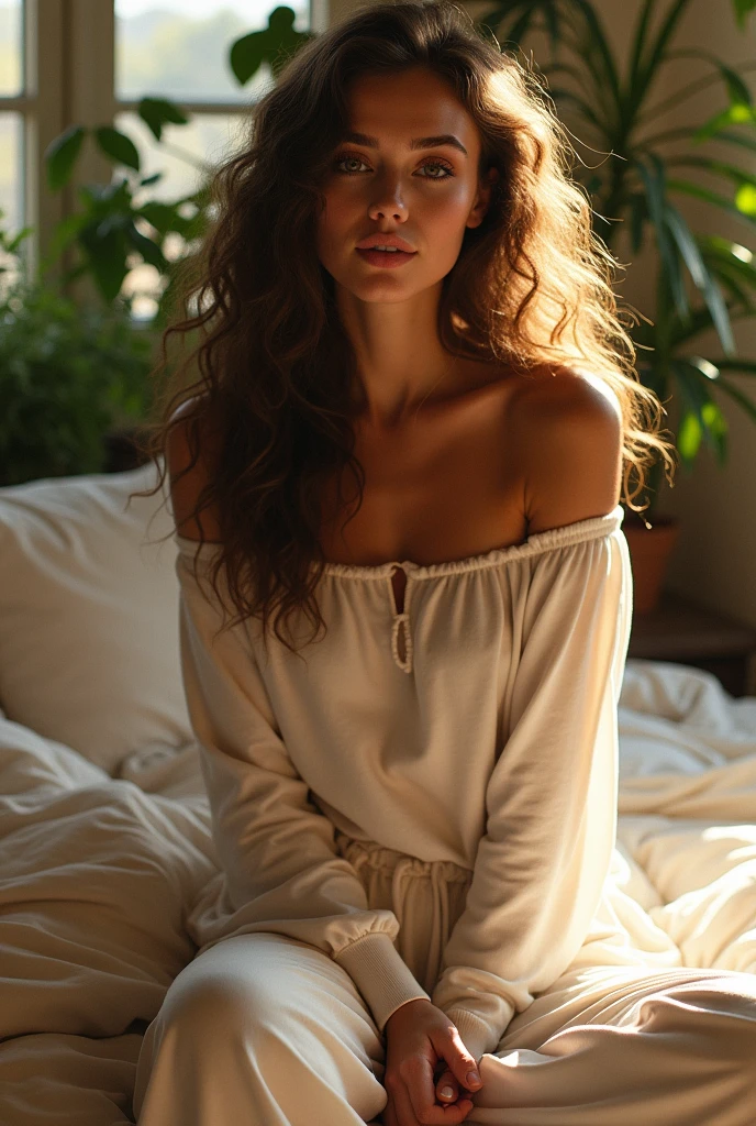 (photorealism:1.2), beautiful woman, sitting on bed, wearing loose off-shoulder top, pajama pants, long curly hair, indoors, soft lighting, plants in background, window with sunlight, cozy room, relaxed pose, realistic, intricate details, warm colors, by Greg Rutkowski, by Alphonse Mucha