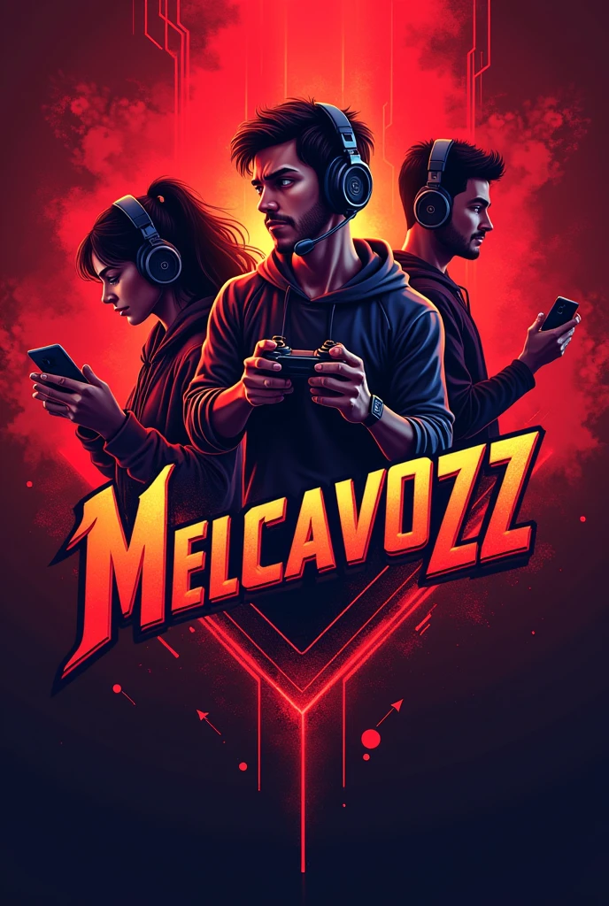 A gaming logo with name melcavozz with red background and some people