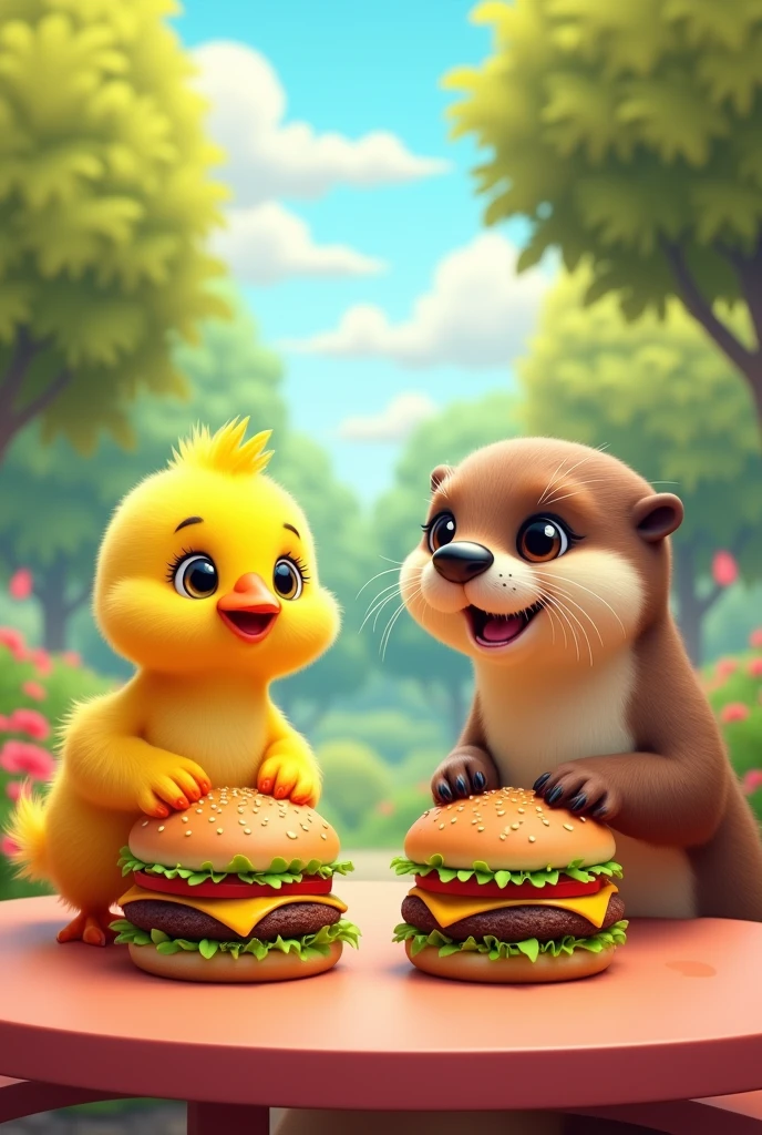 A chick and an otter eating hamburgers at a table, drawn as emoji