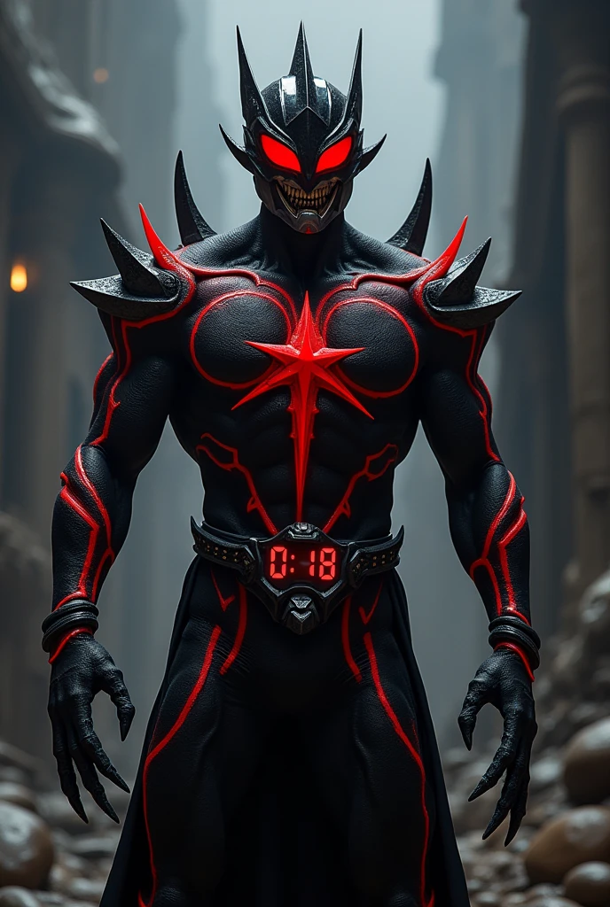 Ultraman、Black and red color scheme、Black as the base with red lines on the body、Muscle Body、villain、A menacing face、Face sharp、Eyes are very sharp and red、Sharp, upturned red eyes、Long, sharp claws、Magnificent claws、whole body muscular、Muscular々、Fall into Darkness、Final Boss、Charisma、Cold、Dark Aura、A hard, strong body、A robust body、Armor-like texture、Atrocious、Red color timer on the chest、RAW Photos