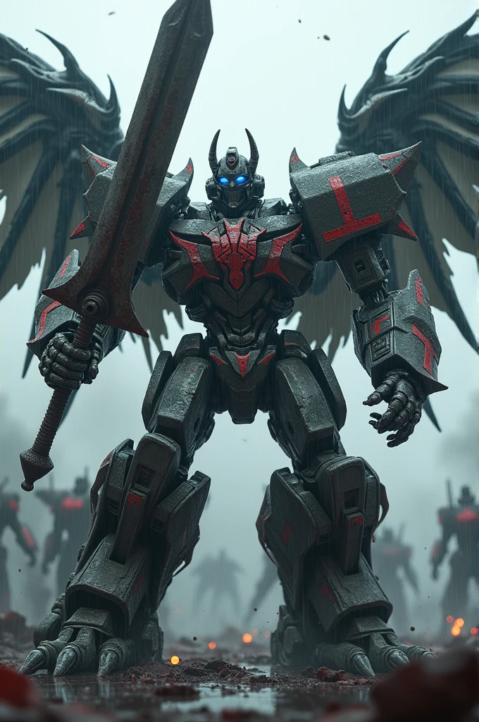 Create a 3D animated robot transformer with Templar and demonic satanic symbolism, featuring epic fighting poses. Add artistic sculptural poses to the scene, depicting the robot crushing its enemies, who are soaked in blood., the atmosphere is cold, It's raining and it's dark, There are background gunshots and robots fighting, the protagonist has wings, a big sword and a big futuristic gun