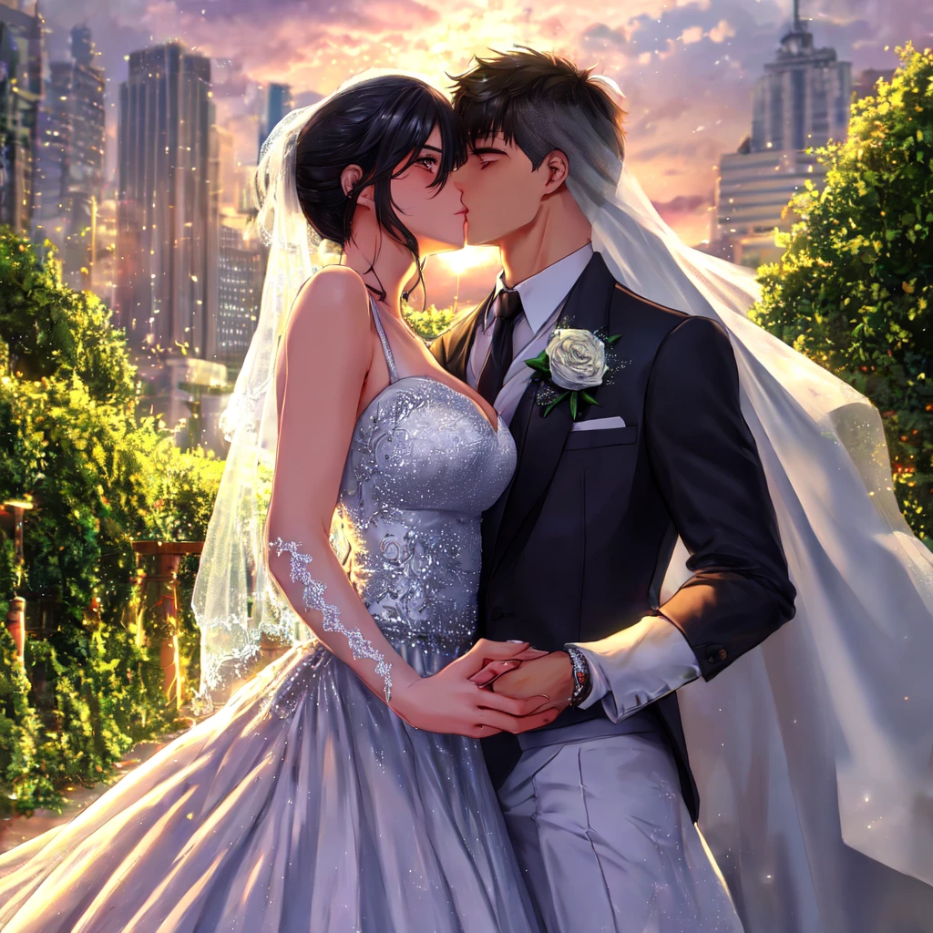 masterpiece, Best quality, masterpiece, Best quality, masterpiece, Best quality, masterpiece, Best quality, high quality, detail_skin, Beatifull_hair, detail_hair,  Beatifull_hands, hands_detail, High  detail, Ultra detail, HD, 4k, 4280x2240, depth field, (HDR:1.9), Correct anatomy, a masculine boy with short hair black hair abundant brown eyes with full wedding suit from groom to gentleman's suit and Palto flu pants and a girl with very long hair messy hair curly hair wavy hair (((silver hair))) high ponytail with yellow eyes in wedding dress, Dream wedding dress. love. Hand in hand looking at the New Year's sunset sunrise while kissing at church wedding with wedding rings on boy finger and wedding rings on girl finger and smiles, detail, ultra-detail, correct_position, correct_texture, correct_colors, correct_shading, correct_cgi, correct_body, correct_anatomy, correct_proportion, (correct_complete_body), source_anime,score_6_up,score_7_up,score_8_up,score_9, (Beautiful eyes), (detail_eyes),  Eyesclothing cutout, veil,see-through,wide sleeves, white leotard,long sleeves,frilled sleeves,frills,bridal veil, Detailedface, artist(ReDrop), Romántica style sleve, EasyNegative_pt , beatifull_detail, 