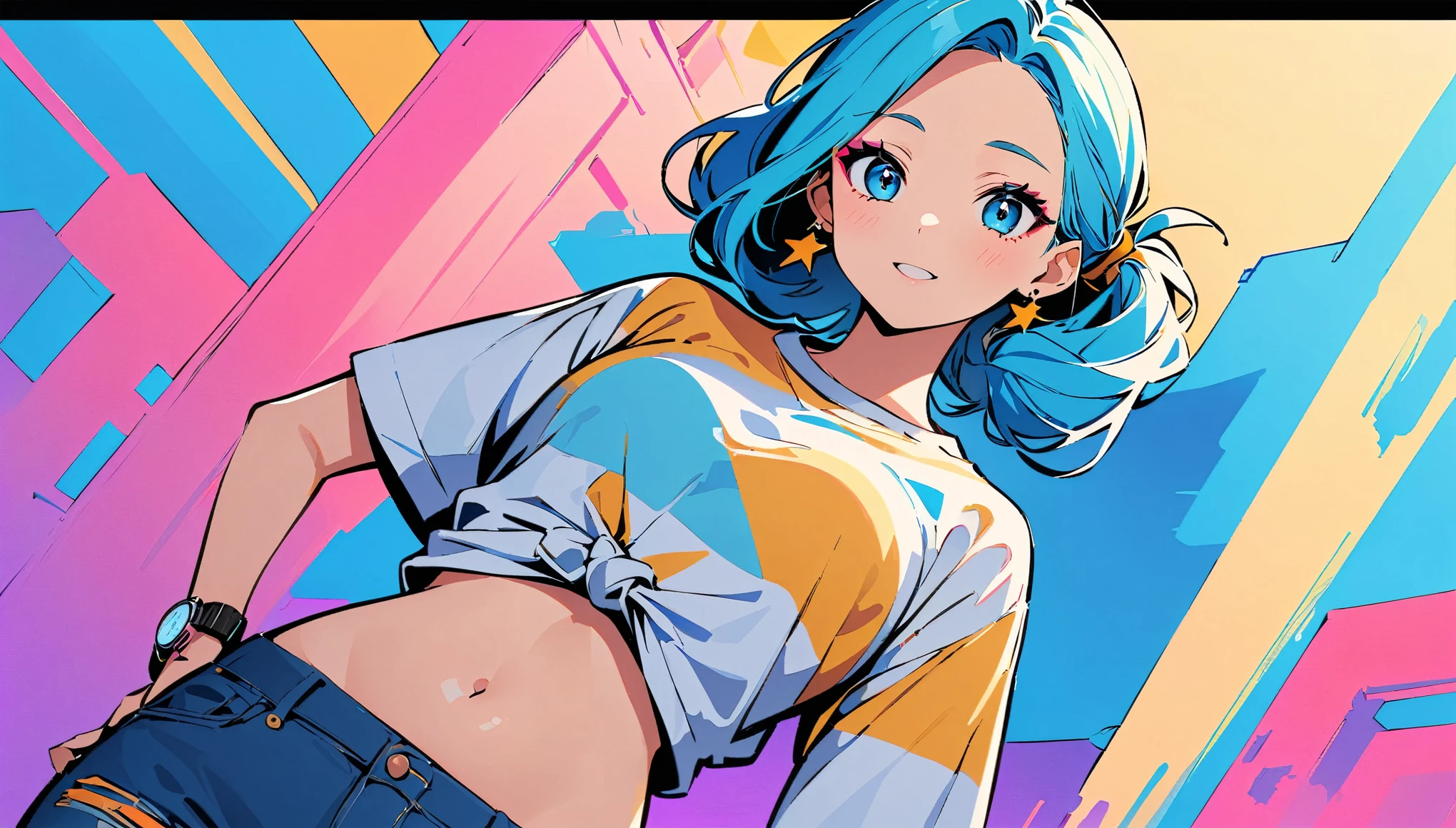 (high quality, 8k, 4K, High Contrast, masterpiece:1.2, 最high quality, Best aesthetics), (Dynamic Angle), ((1 female teen)), ((Plain and bright background)), ((Flat Color)),(Harajuku Street Style Fashion),(jeans), Looking at the audience, Upper Body, Transparent Background, High Contrast, Contrasting colors, Cowboy Shot, Pale pink and blue lighting, Long Hair, ((Tied Hair)) , Blue Hair, Small star-shaped earrings in both ears, watch, bright eyeshadow, R-18, belly button