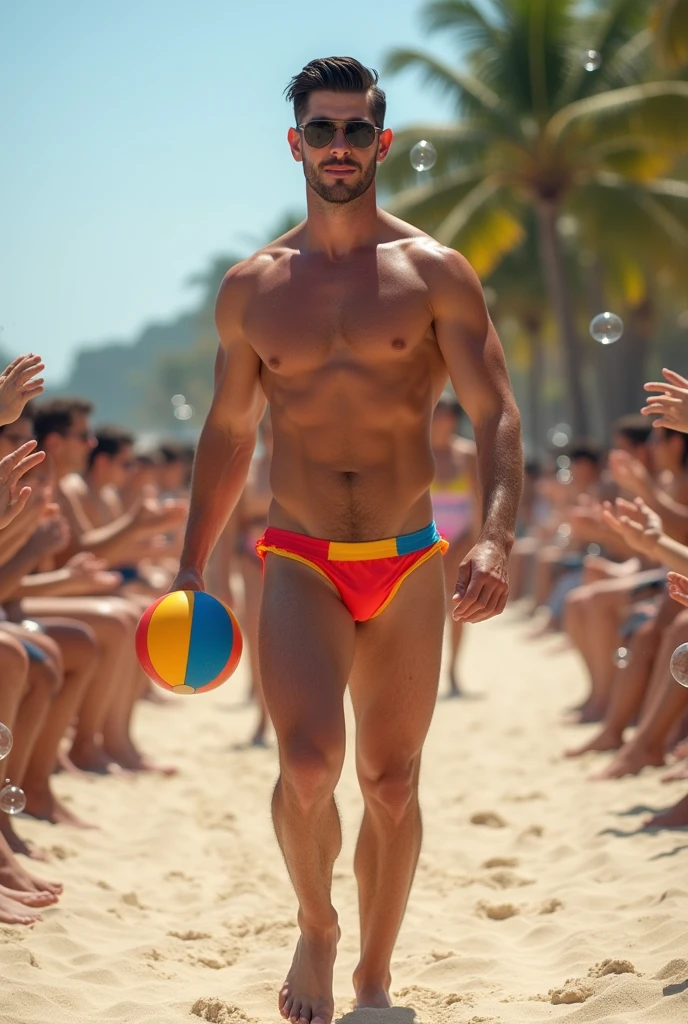 A handsome 27-year-old tall white young man in a men's fashion show on the beach shore wearing a de arco iris swimsuit with a beach ball in his hand. Many people applaud him and bubbles are around him. Tight boxer shorts in the color arco iris flag. Unshaved, white, tall with black hair delgadito