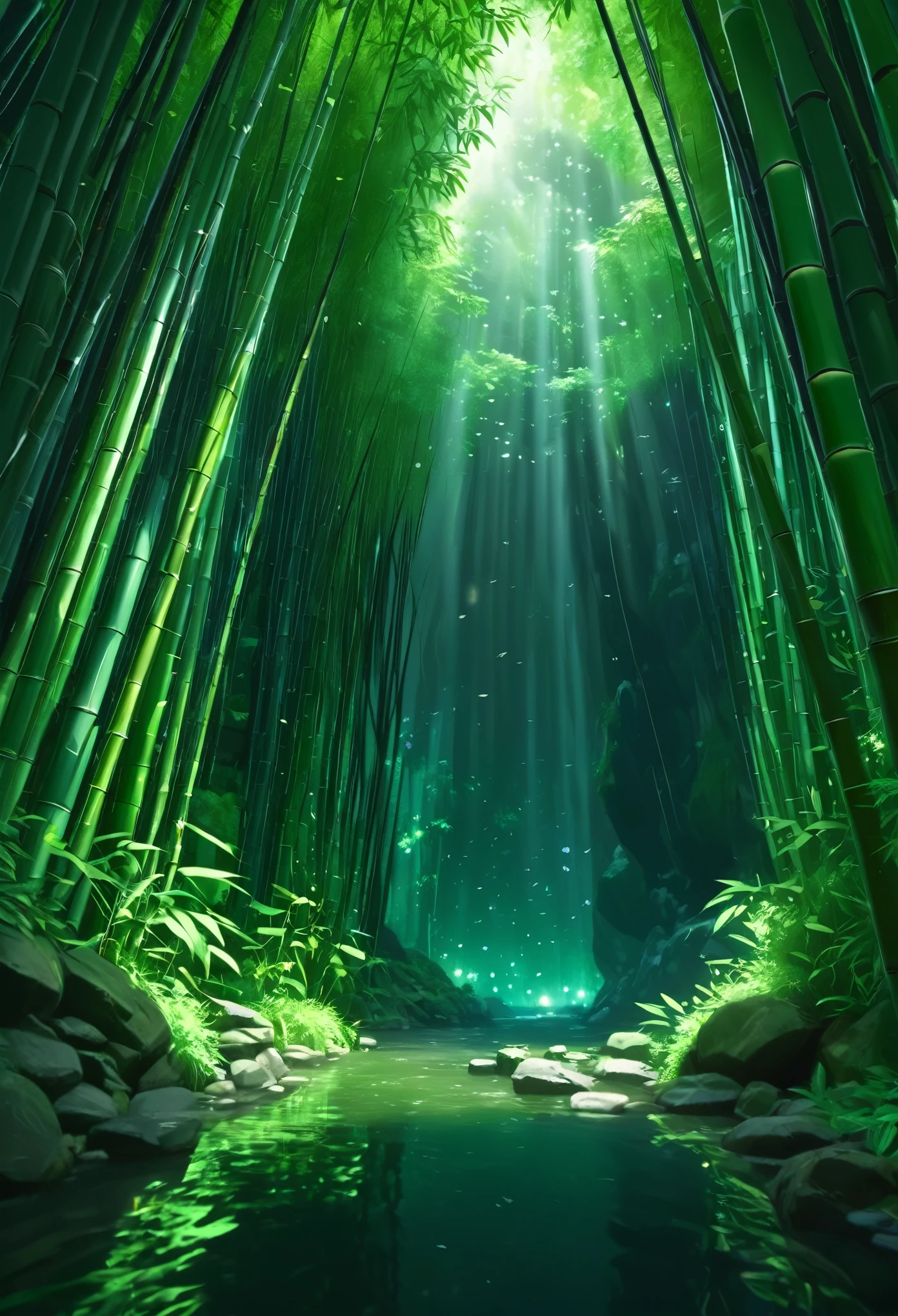 Grand Bamboo Grotto, A large and dense bamboo forest hidden inside a grotto cavern, Bamboo Forest, Green and Black color scheme only, Green and Black colors only, Green and Black, Made in Abyss, Stormlight Archive, Studio Ghibli, Anime Key Visual, by Makoto Shinkai, Deep Color, Intricate, 8k resolution concept art, Natural Lighting, Beautiful Composition, Xianxia style
