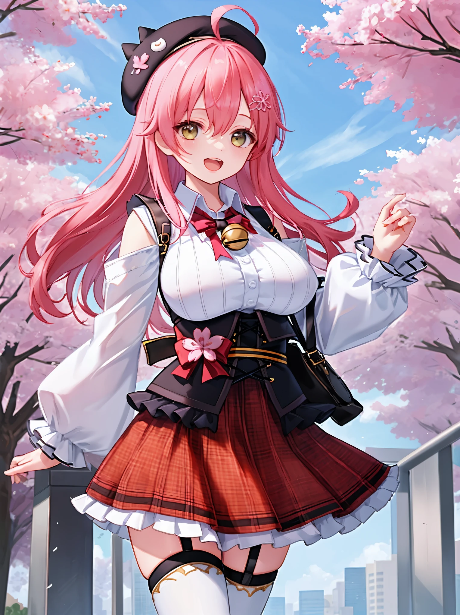 masutepiece, Best_Quality, hight_resolution, miko2,Ponytail, 1girl, Ahoge, black headwear, Hair Ornament, White shirt, black thighhighs, Pink hair, Red_skirt, very_short_skirt, plaid skirts, garter_strap, Collared shirt, hair clips, frilld, Bangs, hair between eye, frills skirt, beret, Pleated skirt, Hair Flower, Neck bell, , puffy long sleeves, Black bow, Underbust, Smile, (large_breasts:1.3),covered_nipples, green_eyes, happy, dynamic_angle,apart_legs,(big_smile:1.2),plump,open_mouth,shout,half_eyes,cherryblossom_park_landscape_background,