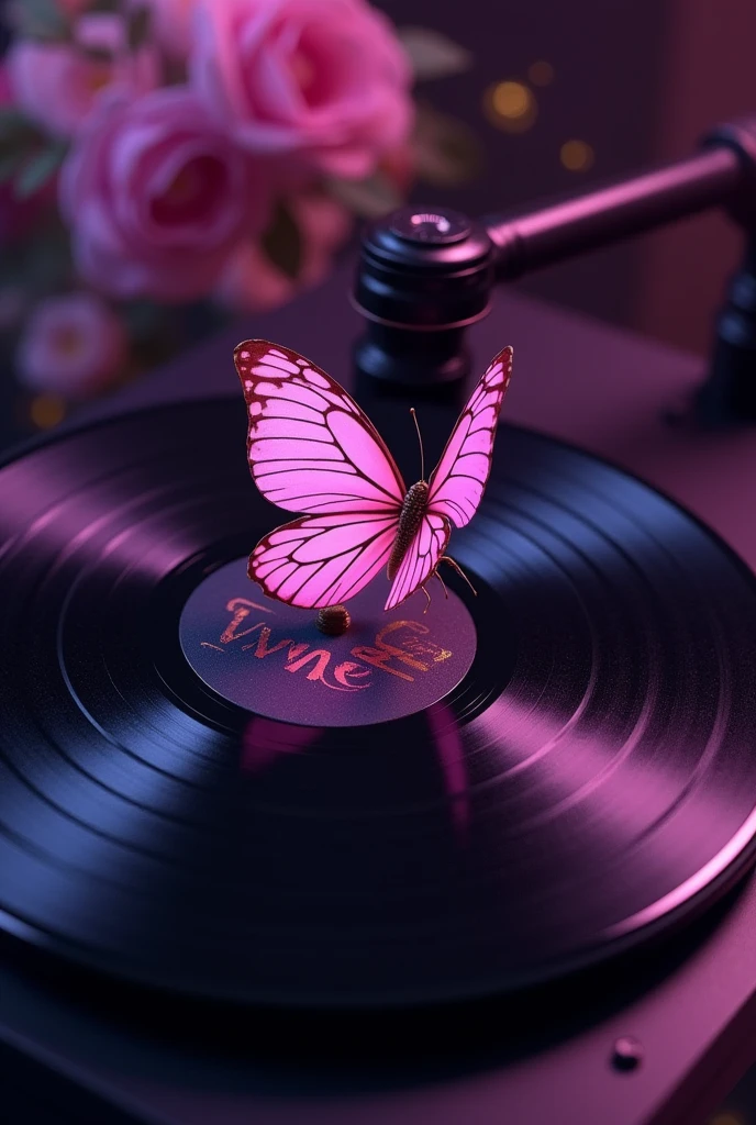 Make me a Spotify cover art for a song using A music record. Give it a black and purple retro vibe and make it a bit grainy please include the song title Ain't Mine also put a pink butterfly on the music record and make the atmosphere purple include the Title Ain't mine