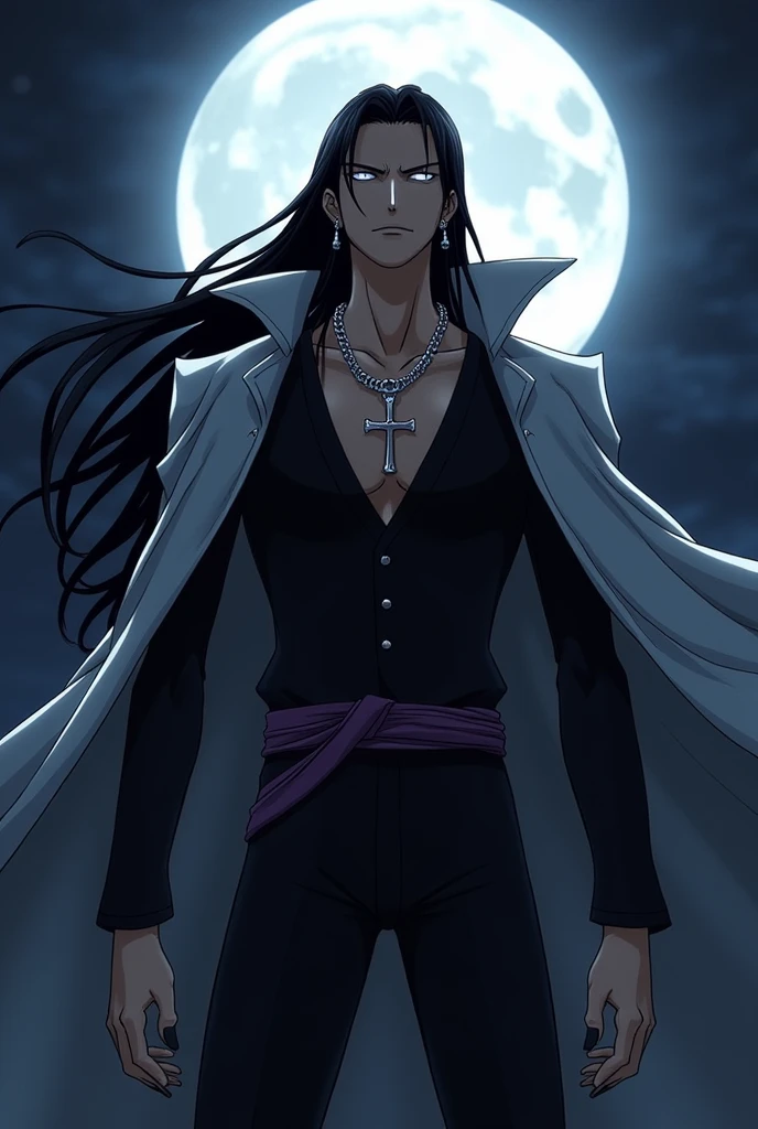 create an one piece with the anime desingn character who is one of the admirals, but he has the yami yam no mi fruit (dark dark). he have black long hair, earing, white, a goatee. he have a upside down cross silver chain, earring, hes with the marine cape (with silver instead of gold) and his black outfit (it does have some purple too) and hes hitting a tuff pose, the accessories are silver, and the background is the moon night and black painted nails