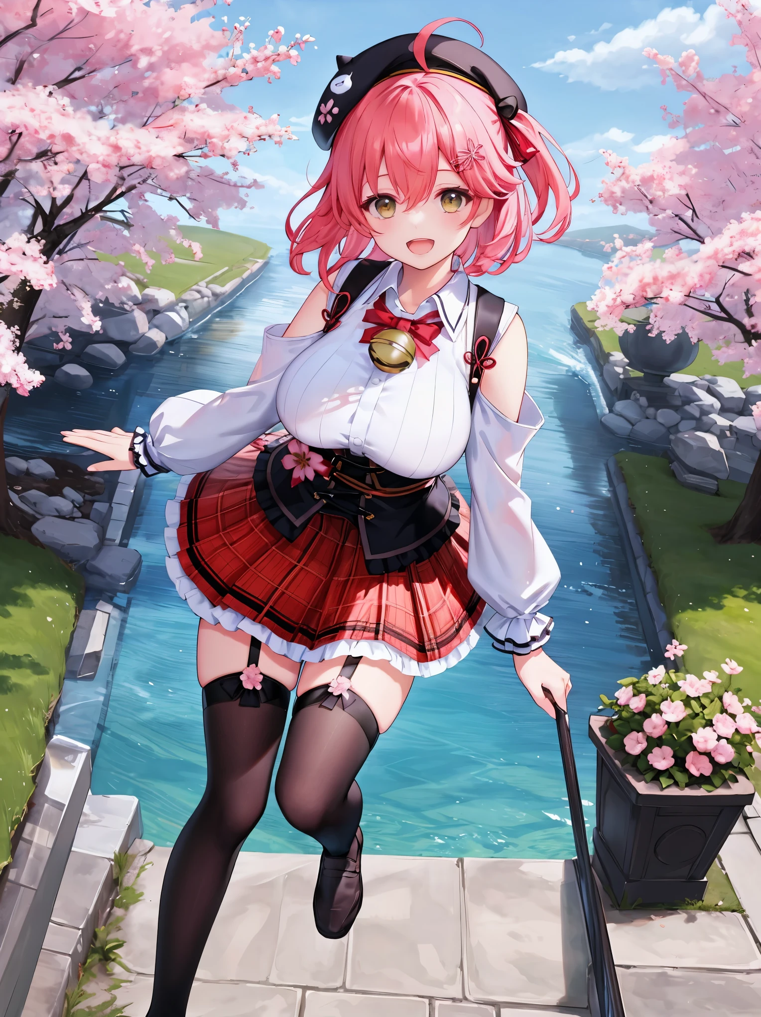 masutepiece, Best_Quality, hight_resolution, miko2,Ponytail, 1girl, Ahoge, black headwear, Hair Ornament, White shirt, black thighhighs, Pink hair, Red_skirt, very_short_skirt, plaid skirts, garter_strap, Collared shirt, hair clips, frilld, Bangs, hair between eye, frills skirt, beret, Pleated skirt, Hair Flower, Neck bell, , puffy long sleeves, Black bow, Underbust, Smile, (large_breasts:1.3),covered_nipples, green_eyes, happy, dynamic_angle,apart_legs,(big_smile:1.2),plump,open_mouth,shout,half_eyes,cherryblossom_park_landscape_background,