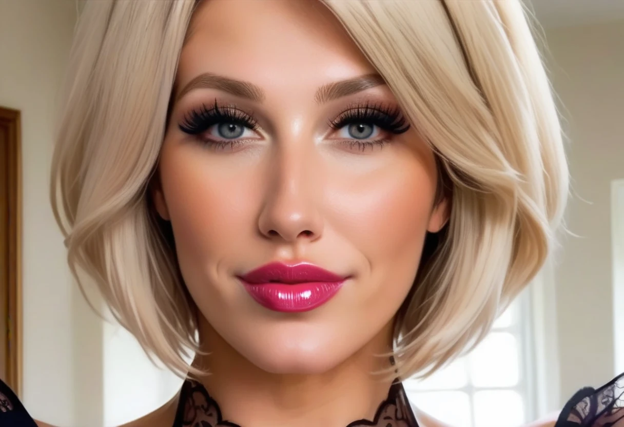 score_9, score_8_up, score_7_up, Photo realistic, 18yo, (detailed beautiful face), cute nose, glossy blonde bob haircut, (large natural saggy breasts), ((black lace cropped top, covered nipples)), belly, sharp focus, skindentation, (looking at viewer) lipstick, ecstasy face, front view