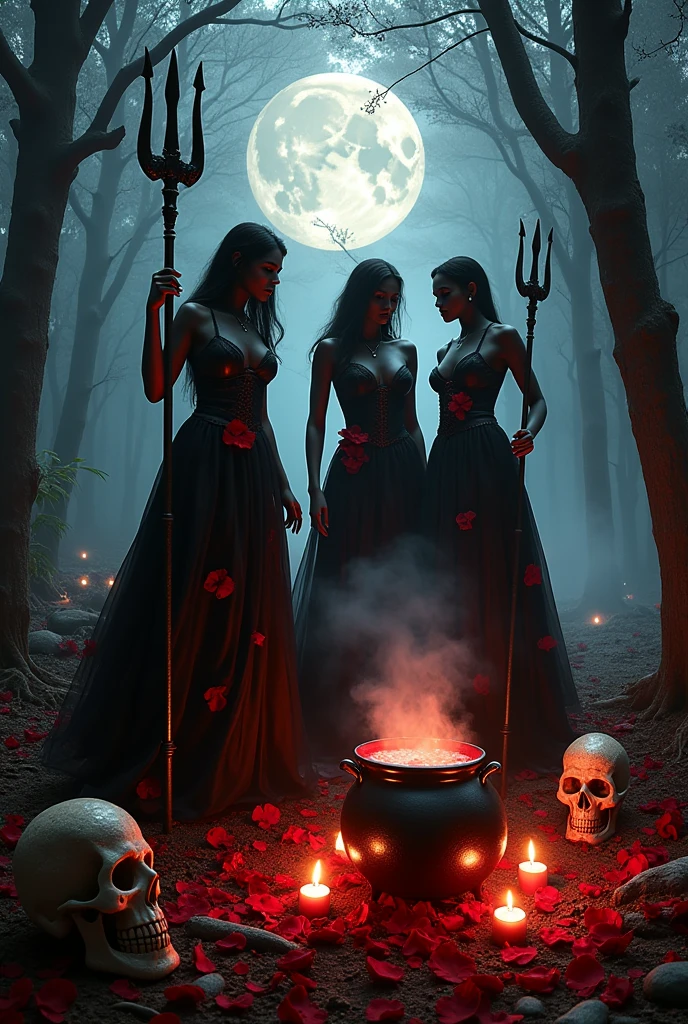Three women together black skin, roses evil things, walking through the forest, corona, red and black, Nude, calaveras. candles, trident, full moon, Nude cubiertas de sangre y petalos de rosas rojas, preparing potion in a cauldron. fire