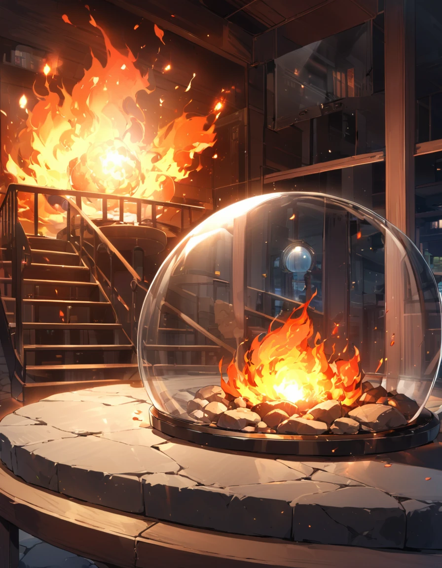 round light, strong brightness, a glass dome, transparent, protecting round light, stone table, indoors, flashing lights around,Fireball, big fire,Without being human,Huge fireball, inside glass dome,