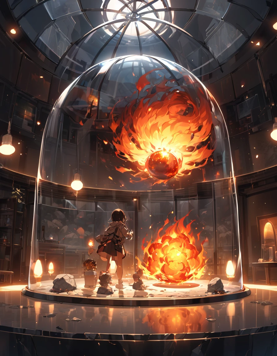 round light, strong brightness, a glass dome, transparent, protecting round light, stone table, indoors, flashing lights around,Fireball, big fire,Without being human,Huge fireball, inside glass dome,