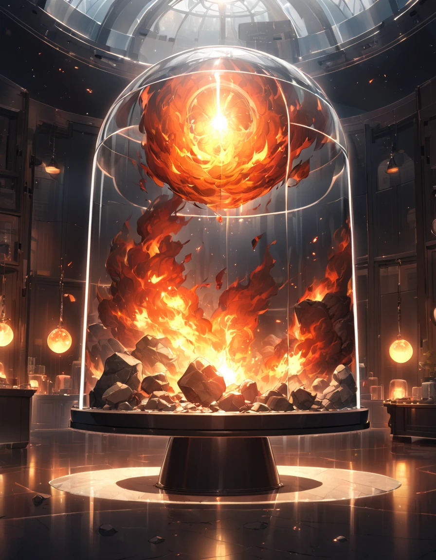 round light, strong brightness, a glass dome, transparent, protecting round light, stone table, indoors, flashing lights around,Fireball, big fire,Without being human,Huge fireball, inside glass dome,