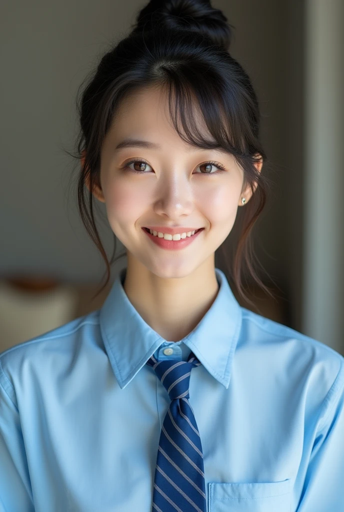 Practical photo,There is a woman wearing a blue tie and a blue shirt., Chiho, Venison flavor, My motto is Tadeyuki, Yoshitomo Nara, Takemura, Oka Yasumoto, Black-haired Takeshi Ikeda, Otegawa Yui, Kakinai Narumi, Portrait of Mayuri Shiina,Detailed face and body, Natural light, high resolution, photoPractical, (best quality,8K,high resolution,masterpiece:1.2),Very detailed,(Practical,photoPractical,photo-Practical:1.37),Practical skin texture,exquisite eyes and lips,Facial details are exquisite,Long eyelashes,Smooth skin