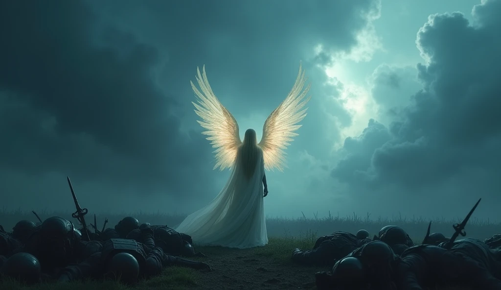 a moment of silence before the storm, where the angel prepares to act. the battlefield is shown in a dark blue tone, reflecting the tension in the air.