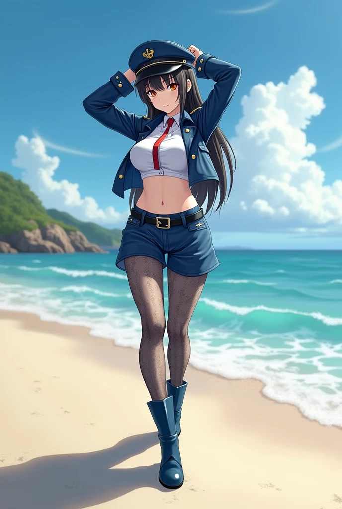 (High quality, masterpieces, realistic depiction), One Japanese girl standing with her leg split, Hands clasped behind head with holding up, Black long hair, Brown eyes, Beautiful face, Midnight-blue military cap, Midnight-blue leather short military-style bolero with long sleeves, A white crop top shirt with a red narrow tie, Big breasts, bare in her abdomen, Exposing skin around navel, Low waist short pants made of midnight-blue leather with a belt, Python skin pattern stockings covering whole legs, Short boots made of midnight-blue enamel, At deserted Island Beach, dazzling summer day,Stepping on high heels,high heel sole,