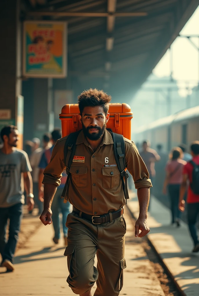 A young bearded man in a brown uniform with the inscription 'Logistics 6 Yogyakarta' carrying a large orange coolbox on his shoulder runs after a moving train at a station.