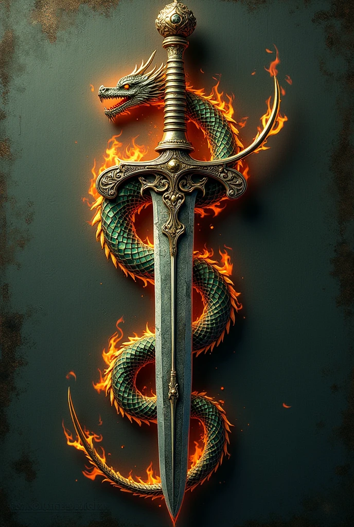 Dragon tattoo around a sword with fire, realism